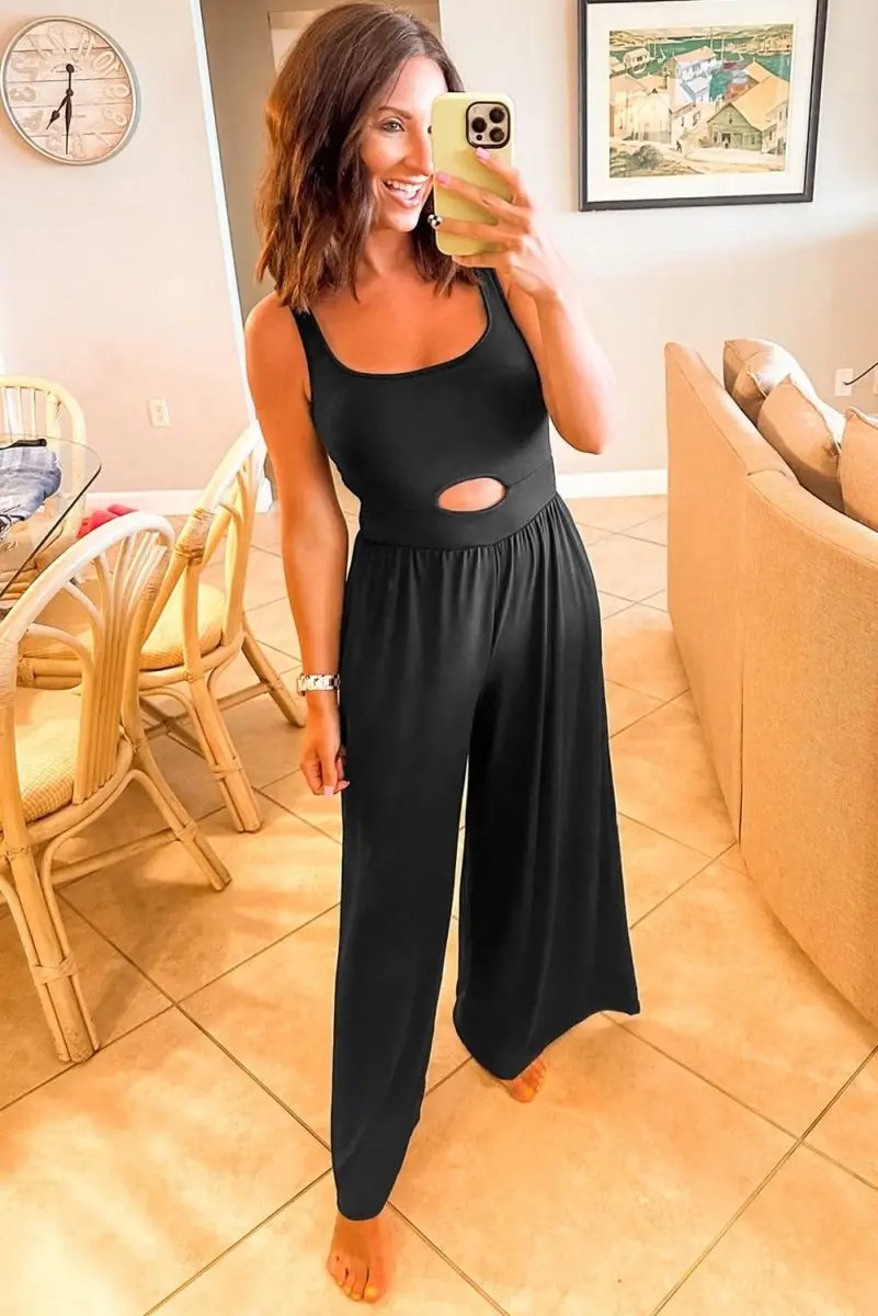 Love Salve Black Jumpsuit Women's Daily Casual Wide Leg Summer Sleeveless Chic