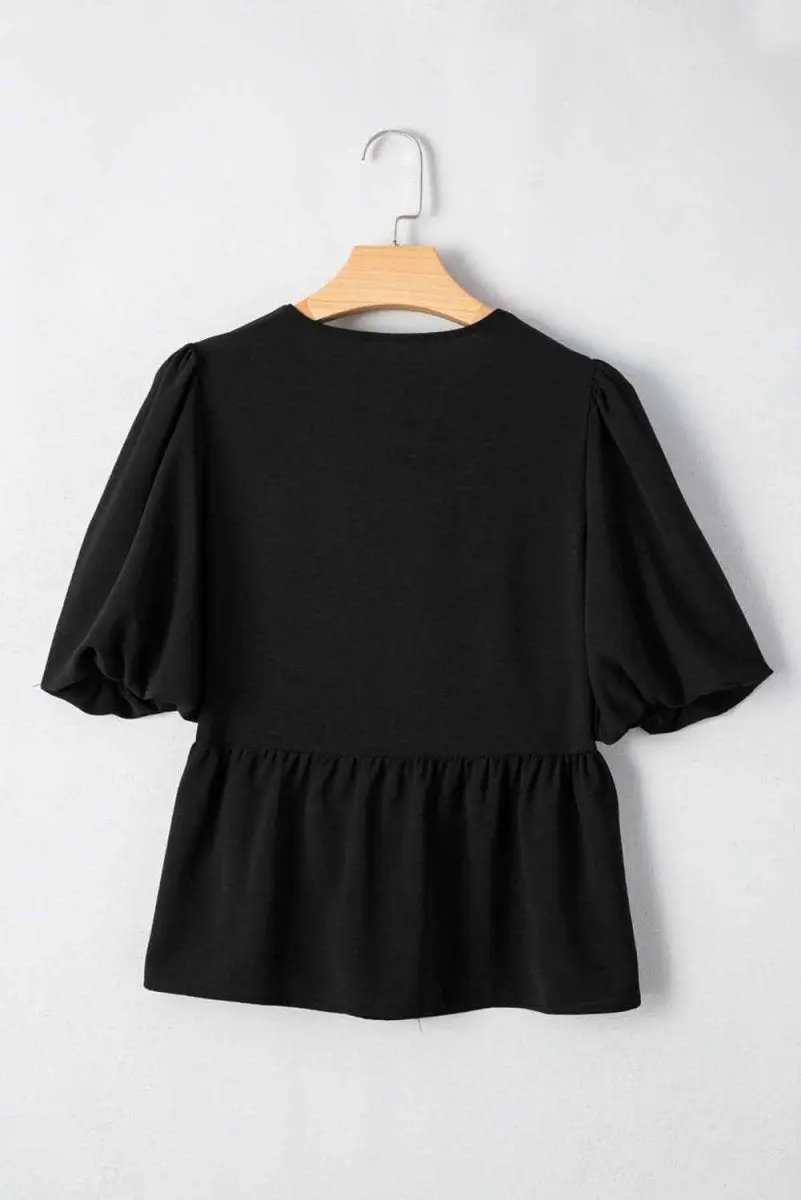 Love Salve Black Peplum Blouse Women's Daily Top Puff Sleeve Bowknot Detail