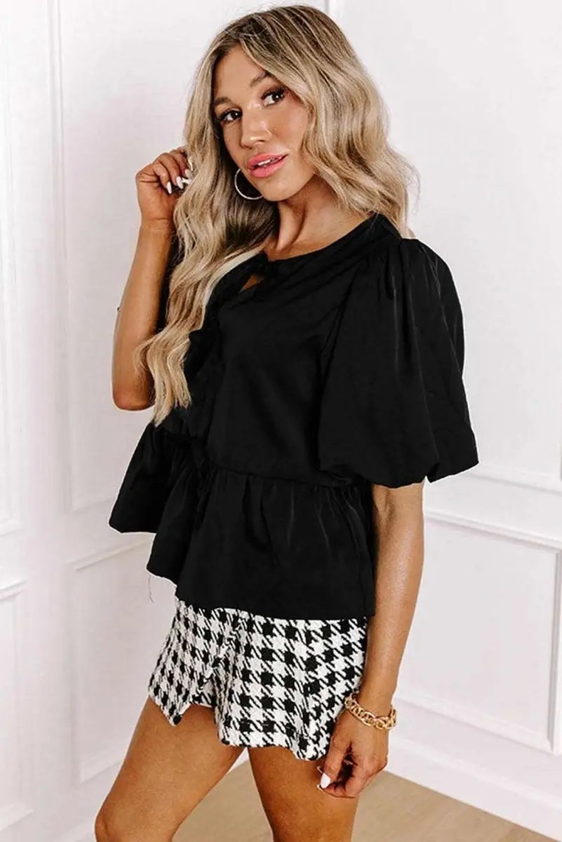 Love Salve Black Peplum Blouse Women's Daily Top Puff Sleeve Bowknot Detail