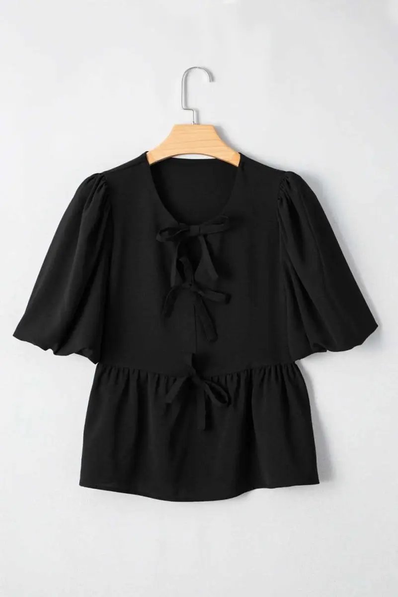 Love Salve Black Peplum Blouse Women's Daily Top Puff Sleeve Bowknot Detail