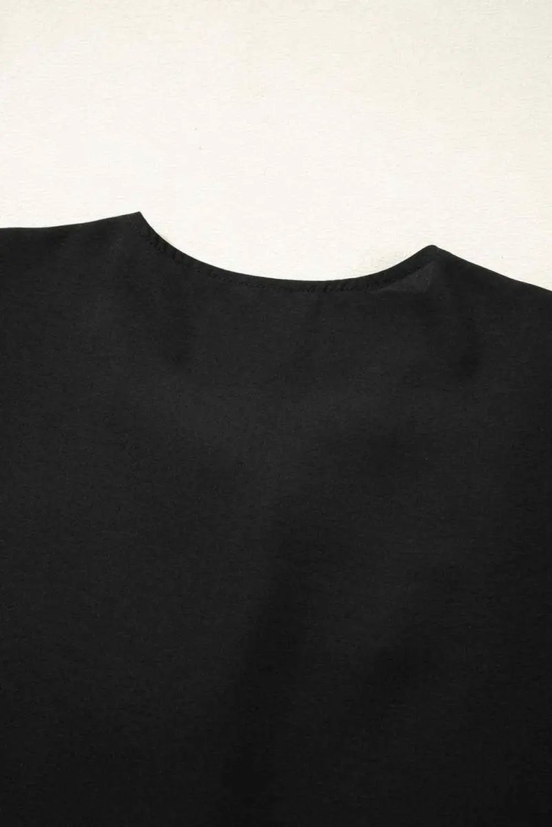 Love Salve Black Peplum Blouse Women's Daily Top Puff Sleeve Bowknot Detail