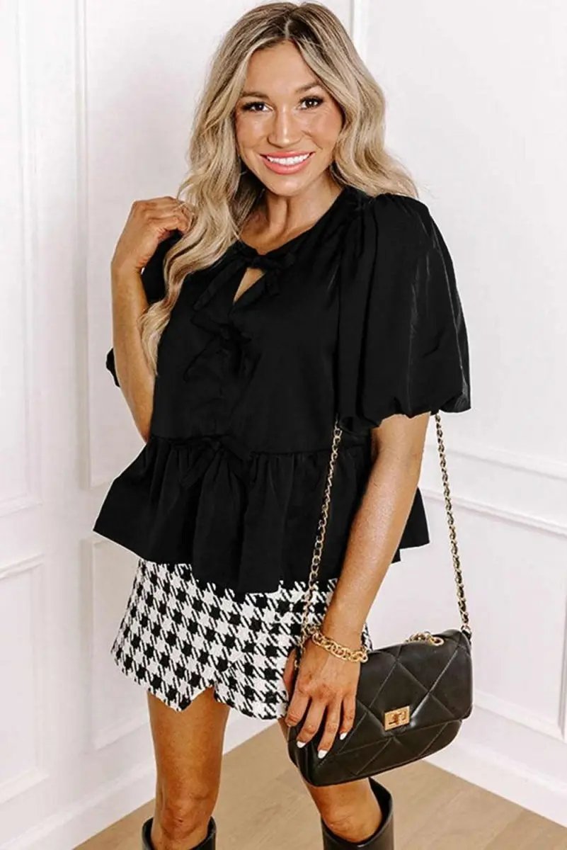 Love Salve Black Peplum Blouse Women's Daily Top Puff Sleeve Bowknot Detail