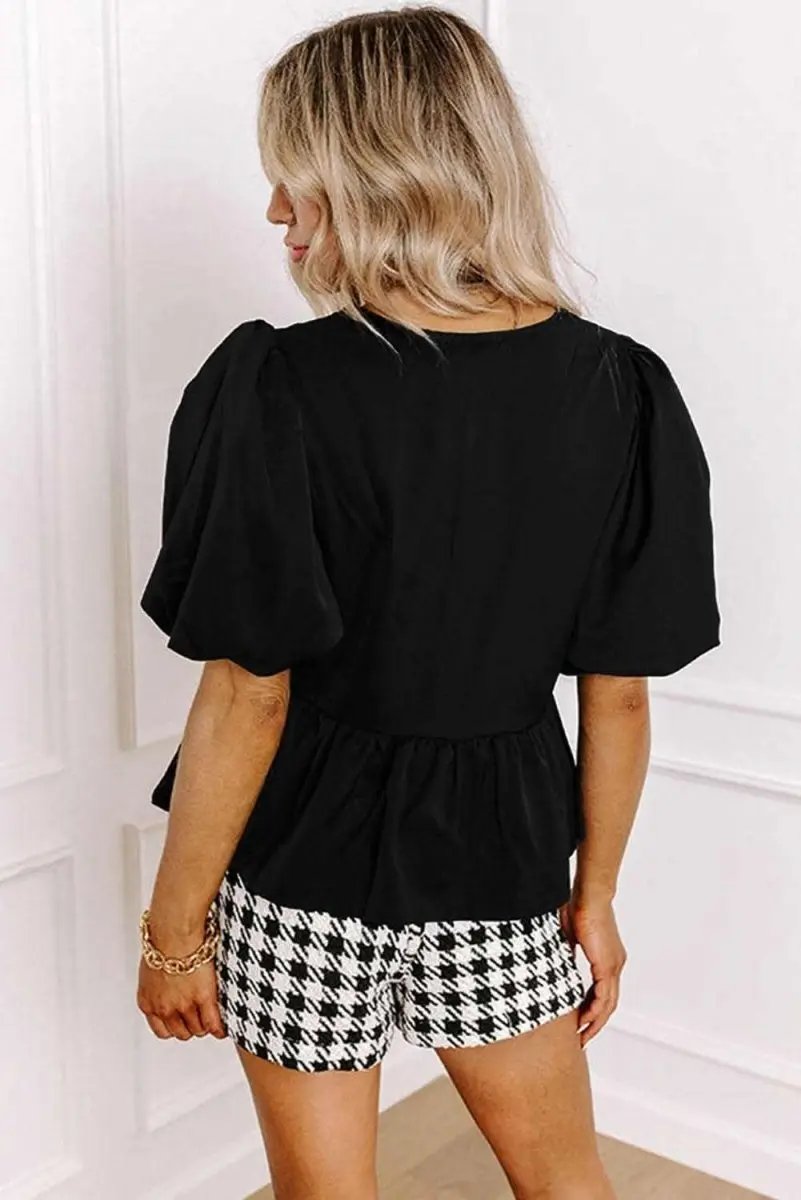 Love Salve Black Peplum Blouse Women's Daily Top Puff Sleeve Bowknot Detail