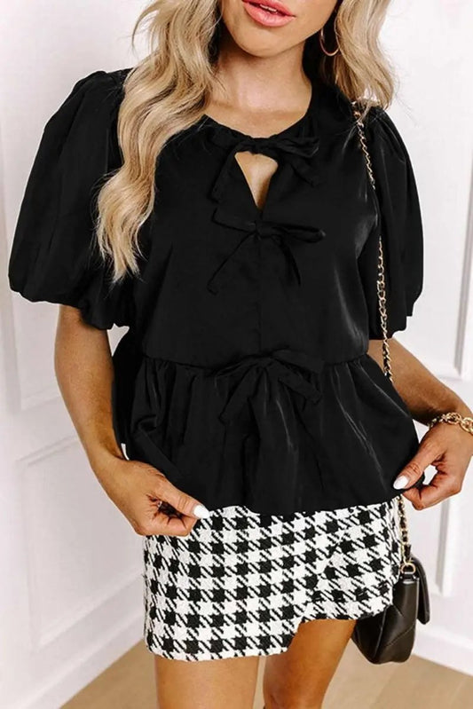 Love Salve Black Peplum Blouse Women's Daily Top Puff Sleeve Bowknot Detail