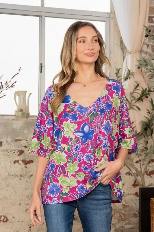 Trendsi Floral V-Neck Top Women's Casual Half Sleeve Shirt - Chic & Comfy
