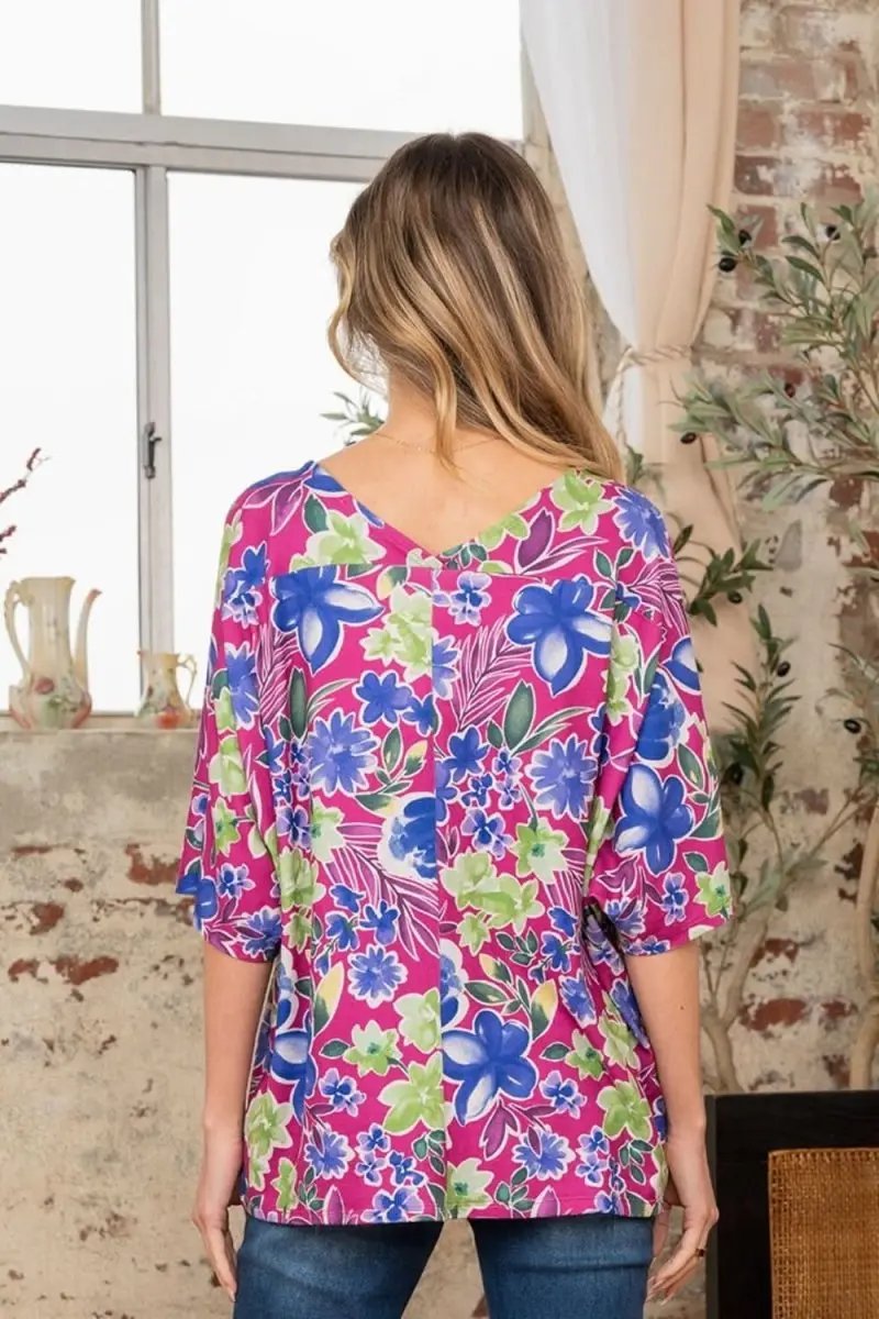 Trendsi Floral V-Neck Top Women's Casual Half Sleeve Shirt - Chic & Comfy