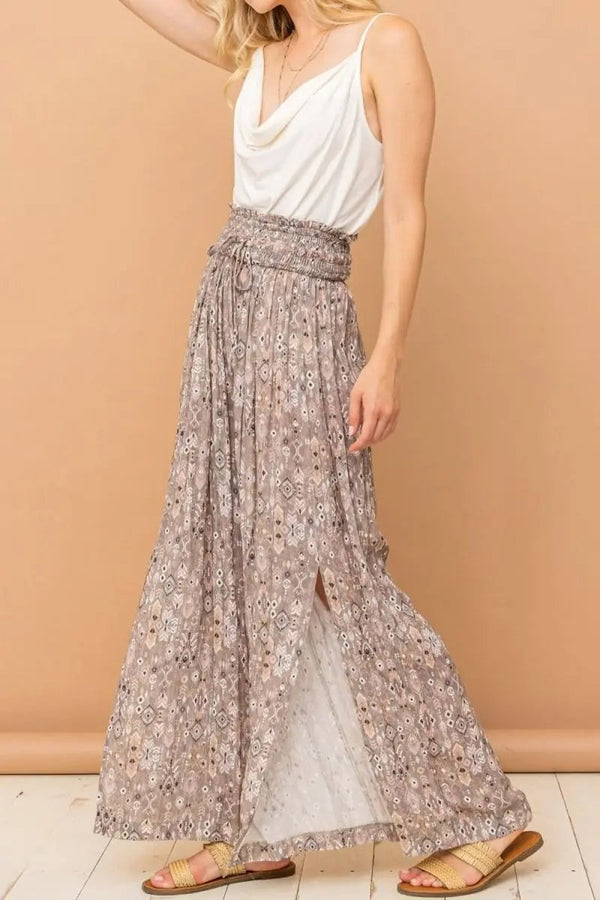 Trendsi Printed Pants Women's Casual Wide Leg Slit Pants Comfy Smocked Waist