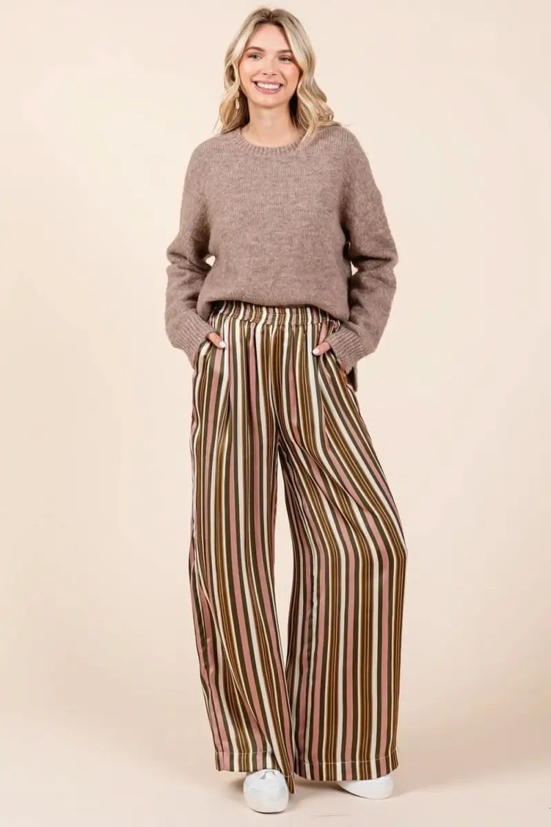 Trendsi Striped Satin Pants Women's Casual Wide Leg Trousers with Pockets