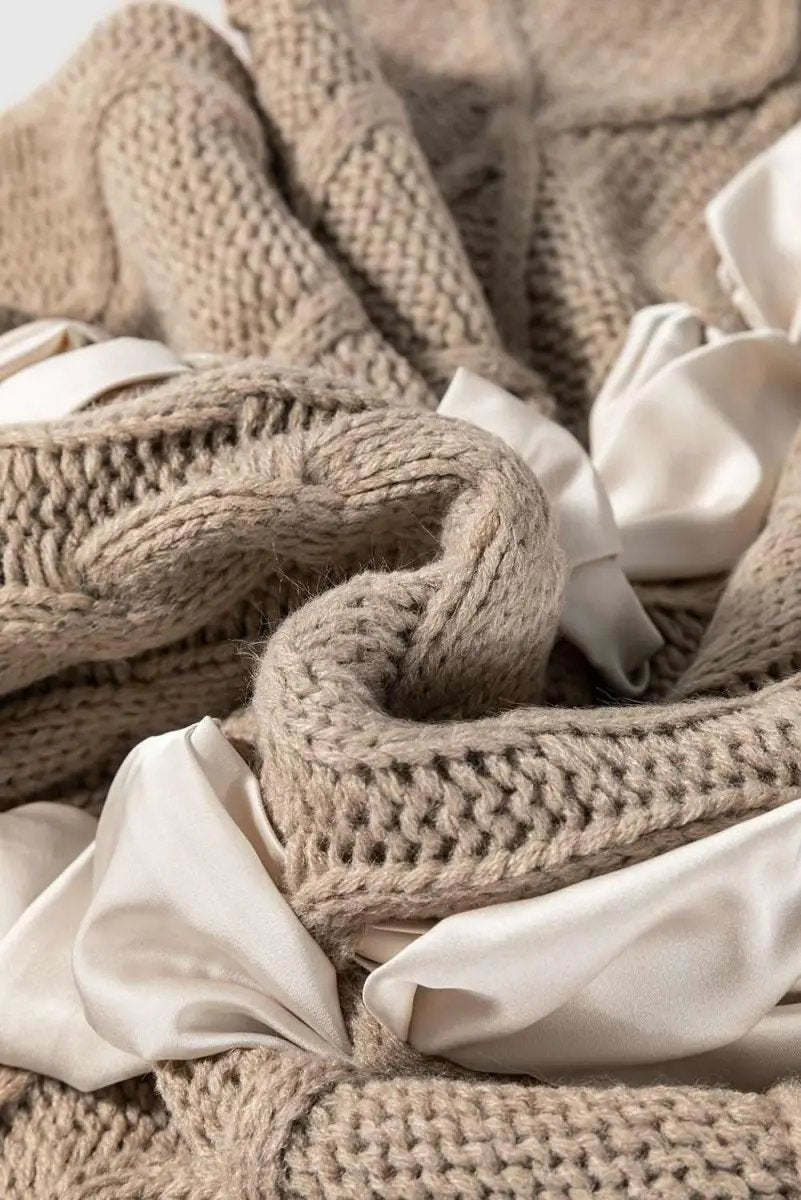 Love Salve Taupe Colorblock Sweater Women's Fall Fashion Cable Knit Satin Bow Top