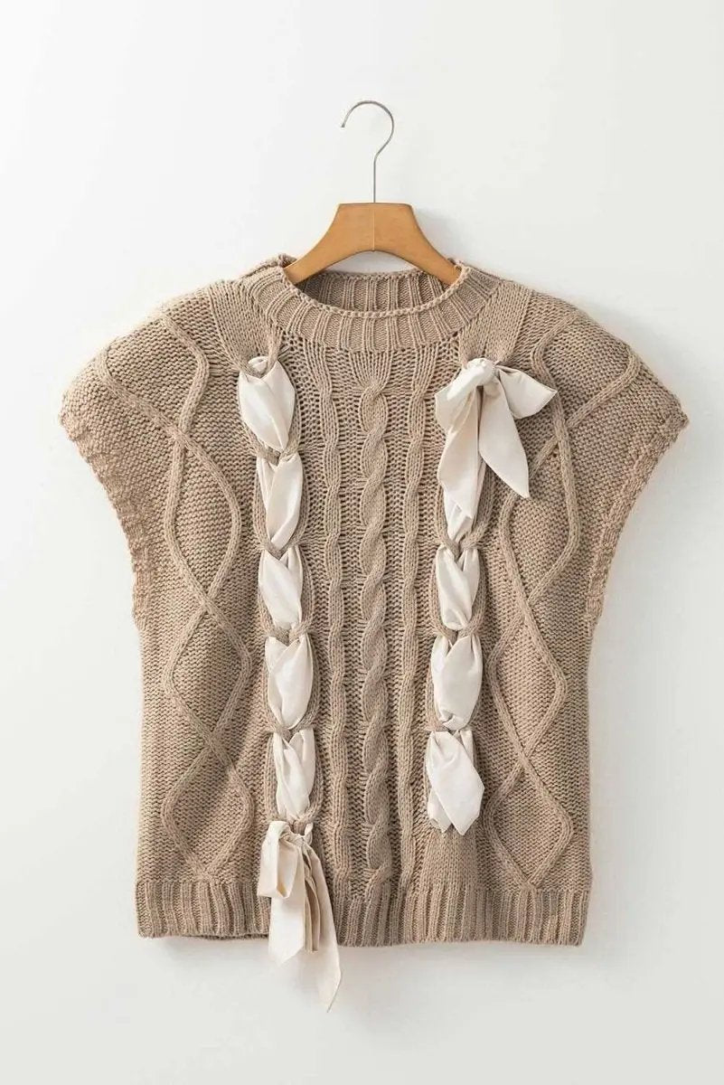 Love Salve Taupe Colorblock Sweater Women's Fall Fashion Cable Knit Satin Bow Top