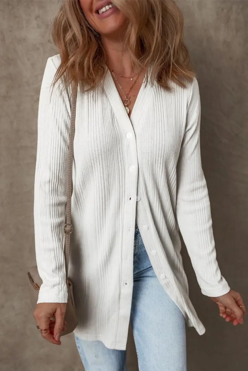 Love Salve White Ribbed Tunic Women's Casual Cardigan: Soft, Button-Up Top