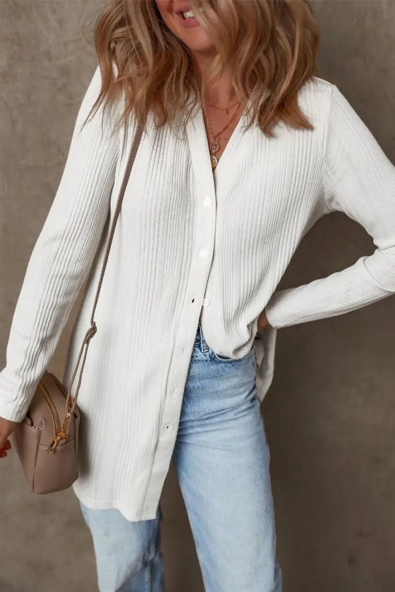 Love Salve White Ribbed Tunic Women's Casual Cardigan: Soft, Button-Up Top