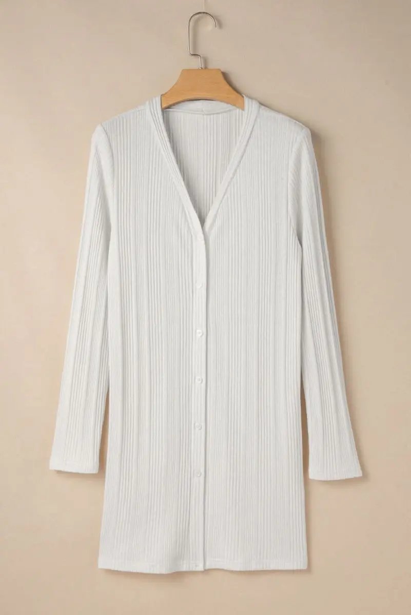Love Salve White Ribbed Tunic Women's Casual Cardigan: Soft, Button-Up Top