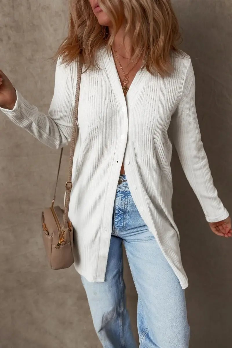 Love Salve White Ribbed Tunic Women's Casual Cardigan: Soft, Button-Up Top