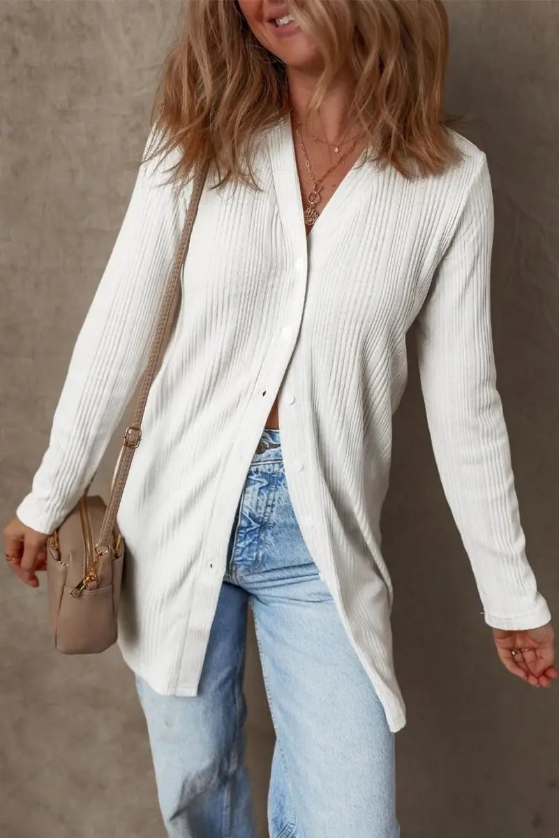 Love Salve White Ribbed Tunic Women's Casual Cardigan: Soft, Button-Up Top