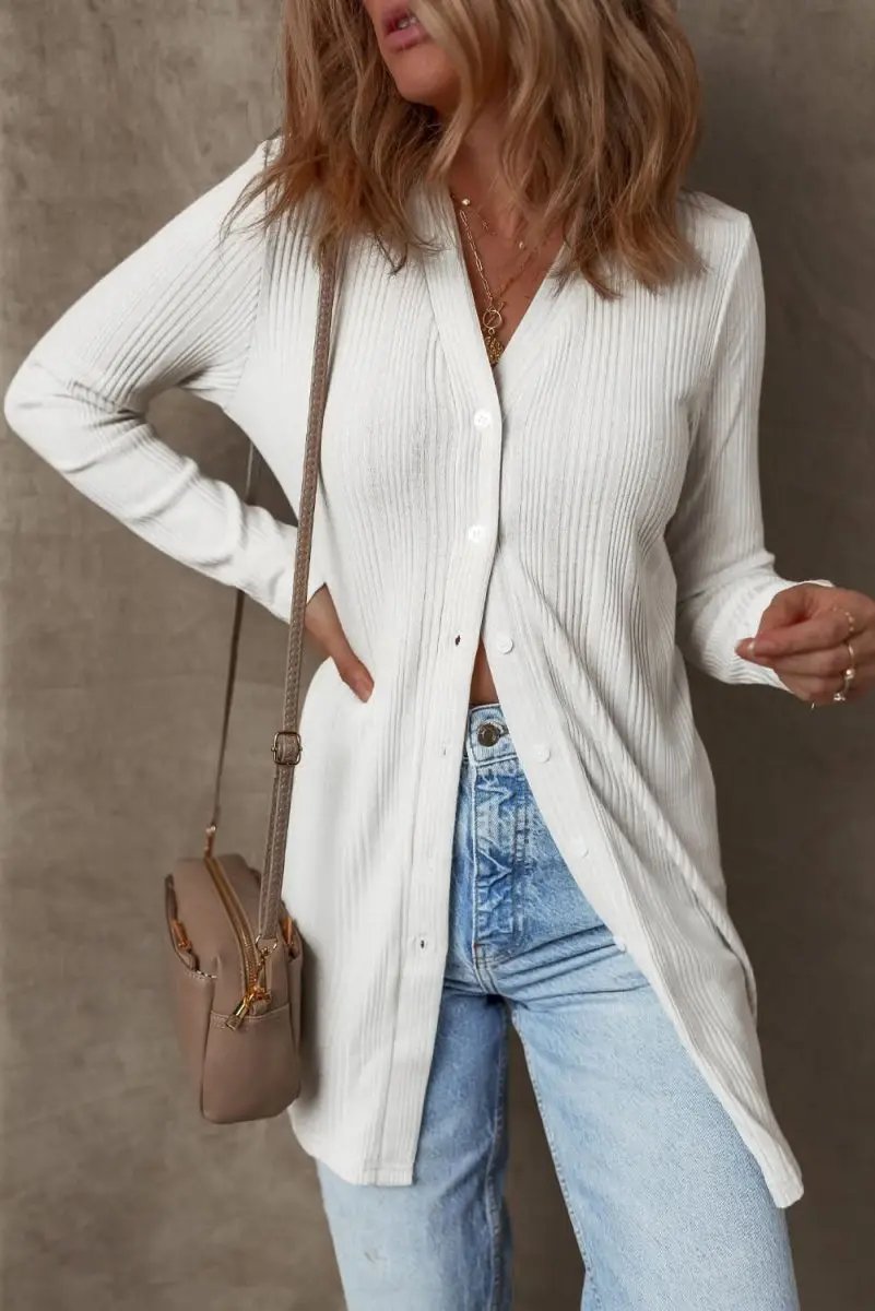 Love Salve White Ribbed Tunic Women's Casual Cardigan: Soft, Button-Up Top