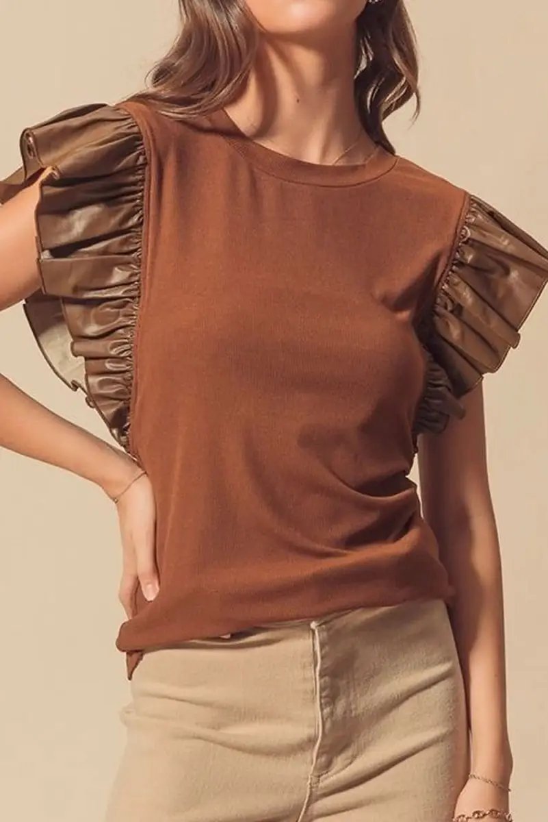 Love Salve Cinnamon Faux Leather Women's Southern Belle Blouse Ruffle Sleeve Chic
