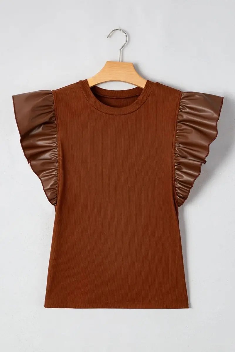 Love Salve Cinnamon Faux Leather Women's Southern Belle Blouse Ruffle Sleeve Chic