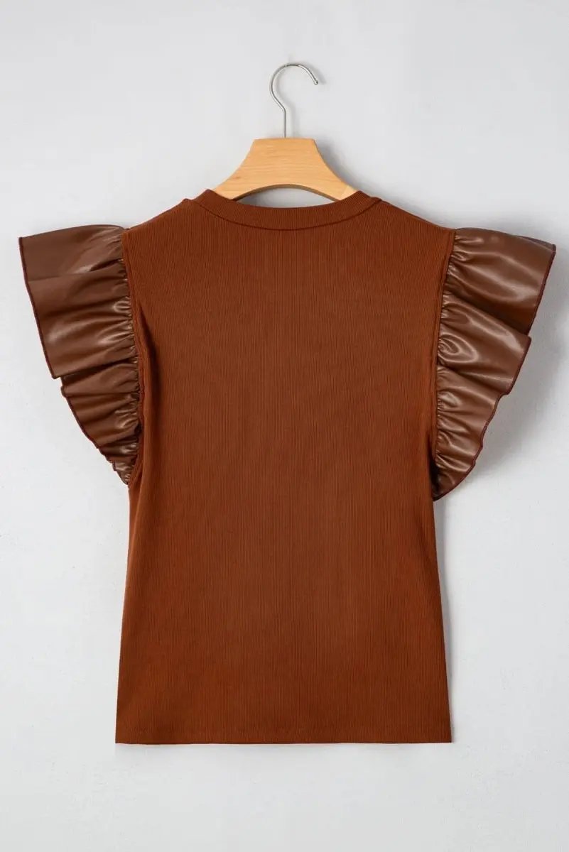 Love Salve Cinnamon Faux Leather Women's Southern Belle Blouse Ruffle Sleeve Chic