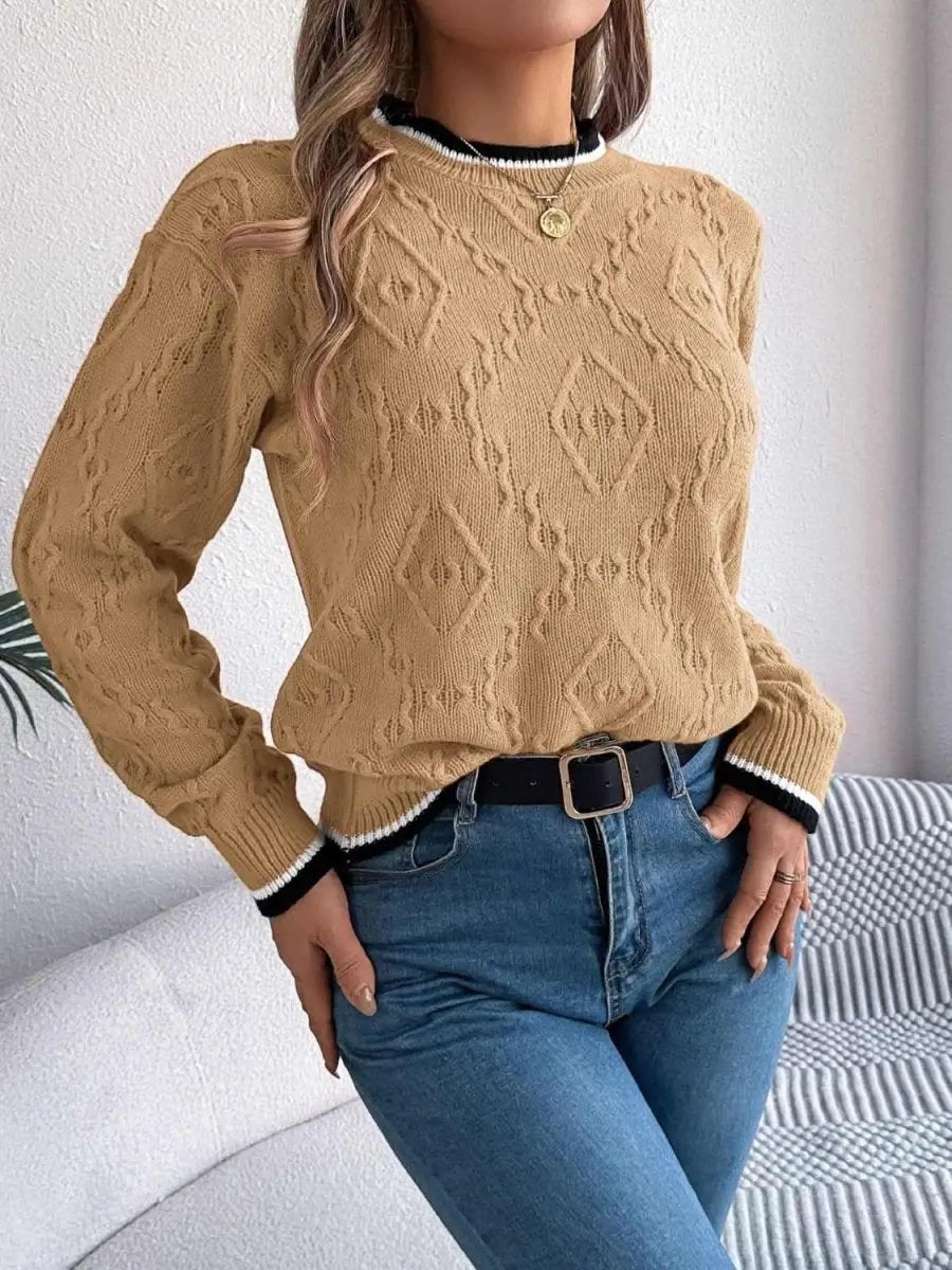 Trendsi Contrast Trim Sweater Women's Versatile Acrylic Long Sleeve Top