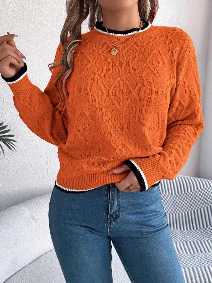 Trendsi Contrast Trim Sweater Women's Versatile Acrylic Long Sleeve Top