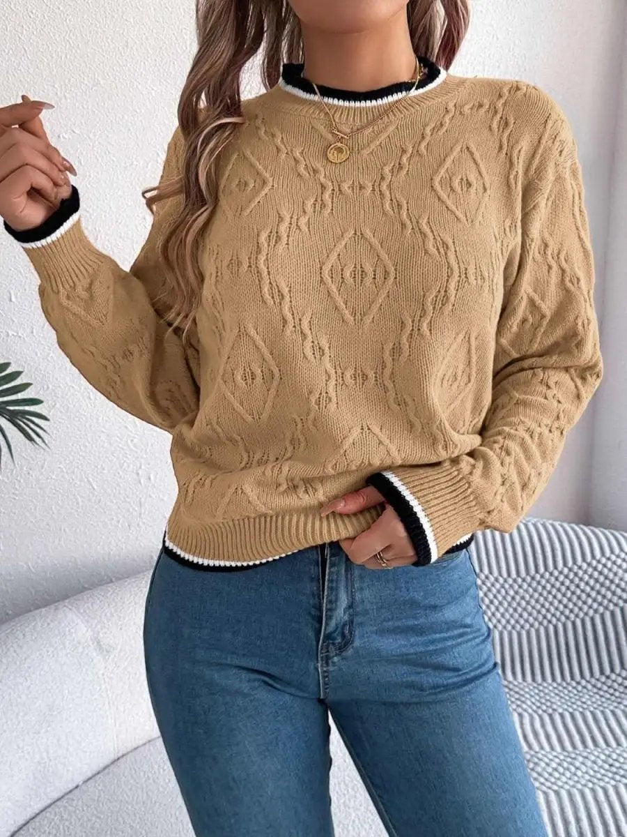 Trendsi Contrast Trim Sweater Women's Versatile Acrylic Long Sleeve Top