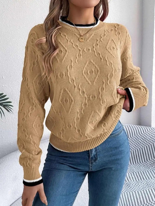 Trendsi Contrast Trim Sweater Women's Versatile Acrylic Long Sleeve Top