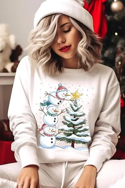 Color Bear Fleece Sweatshirt Christmas Snowman Graphic Women's Sweater Cute & Cozy