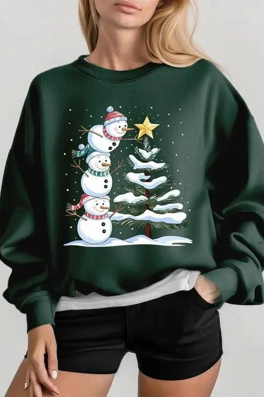 Color Bear Fleece Sweatshirt Christmas Snowman Graphic Women's Sweater Cute & Cozy