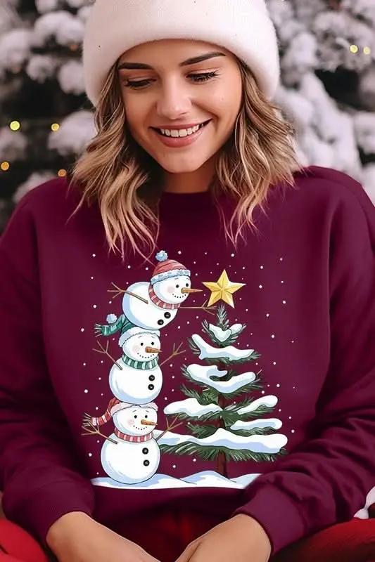 Color Bear Fleece Sweatshirt Christmas Snowman Graphic Women's Sweater Cute & Cozy