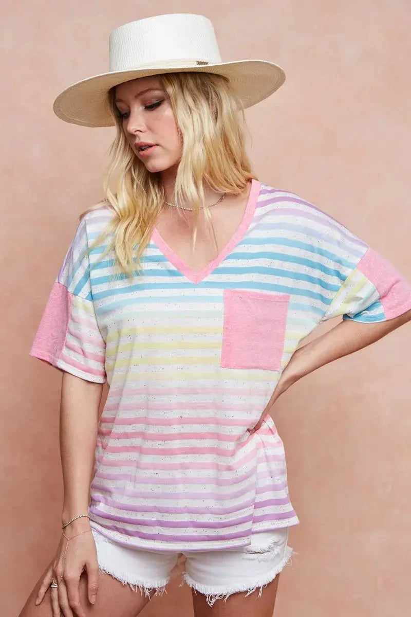 Women's Tee - Rainbow Stripe - Casual Knit Top