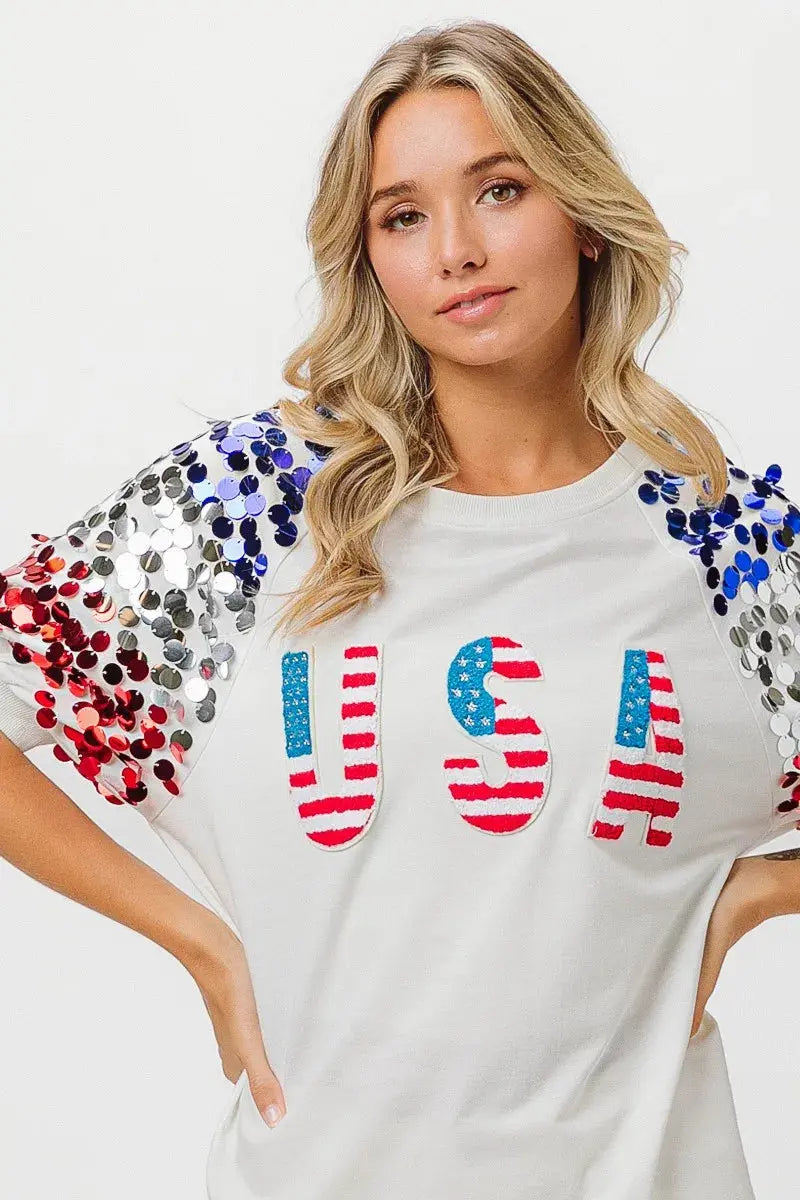 Women's Tee - Sequin American Flag - Patriotic USA Made