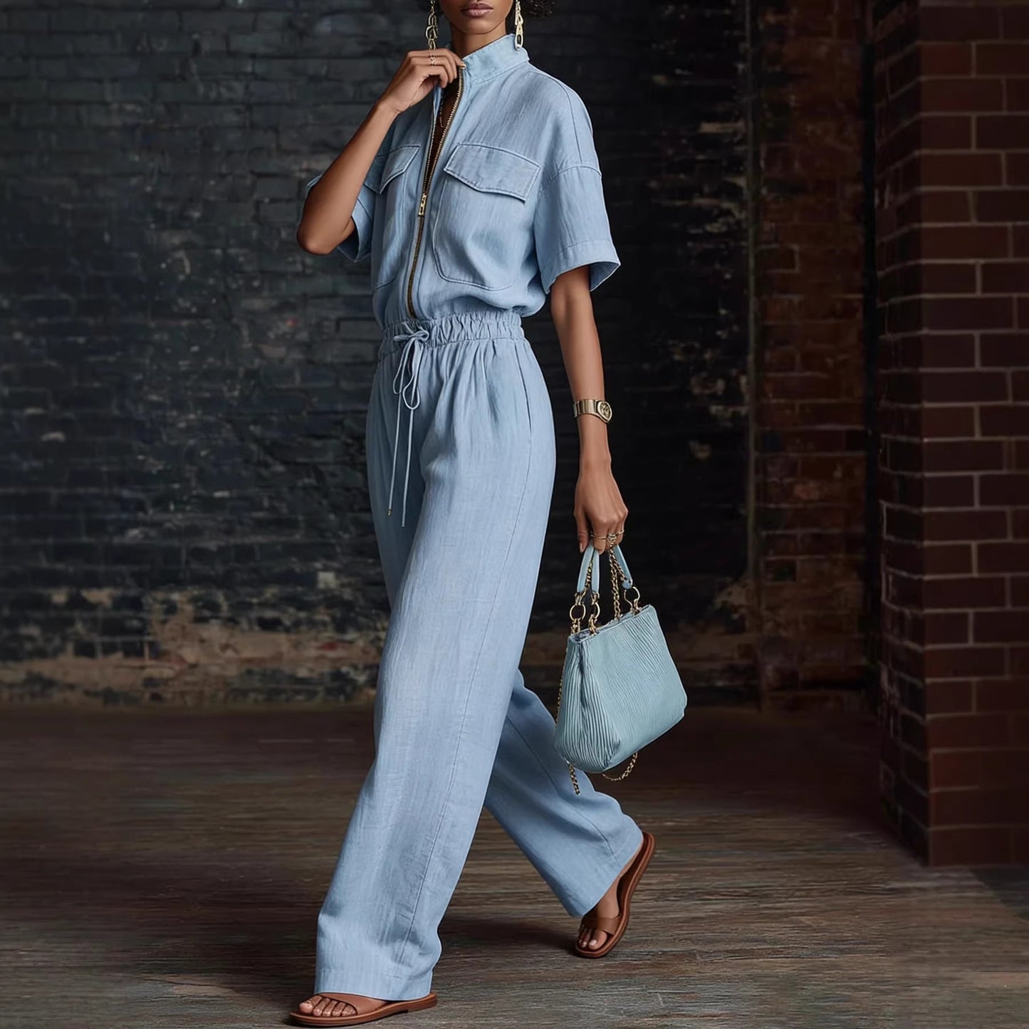 Women’s Stand Collar Sleeveless Wide-Leg Jumpsuit