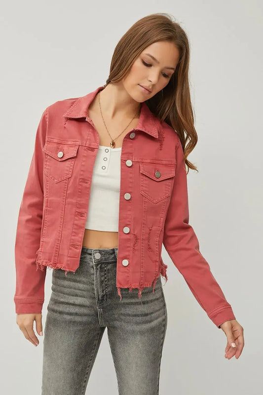 Denim Jacket - Plus Size Cropped Raw Hem - Button Up Top