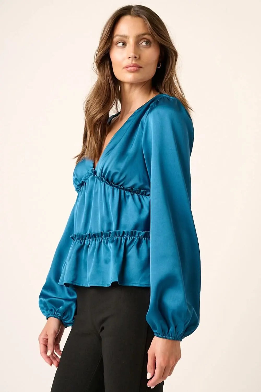 Satin Blouse - V-Neck Ruffled Tier - Elegant Office & Date Top