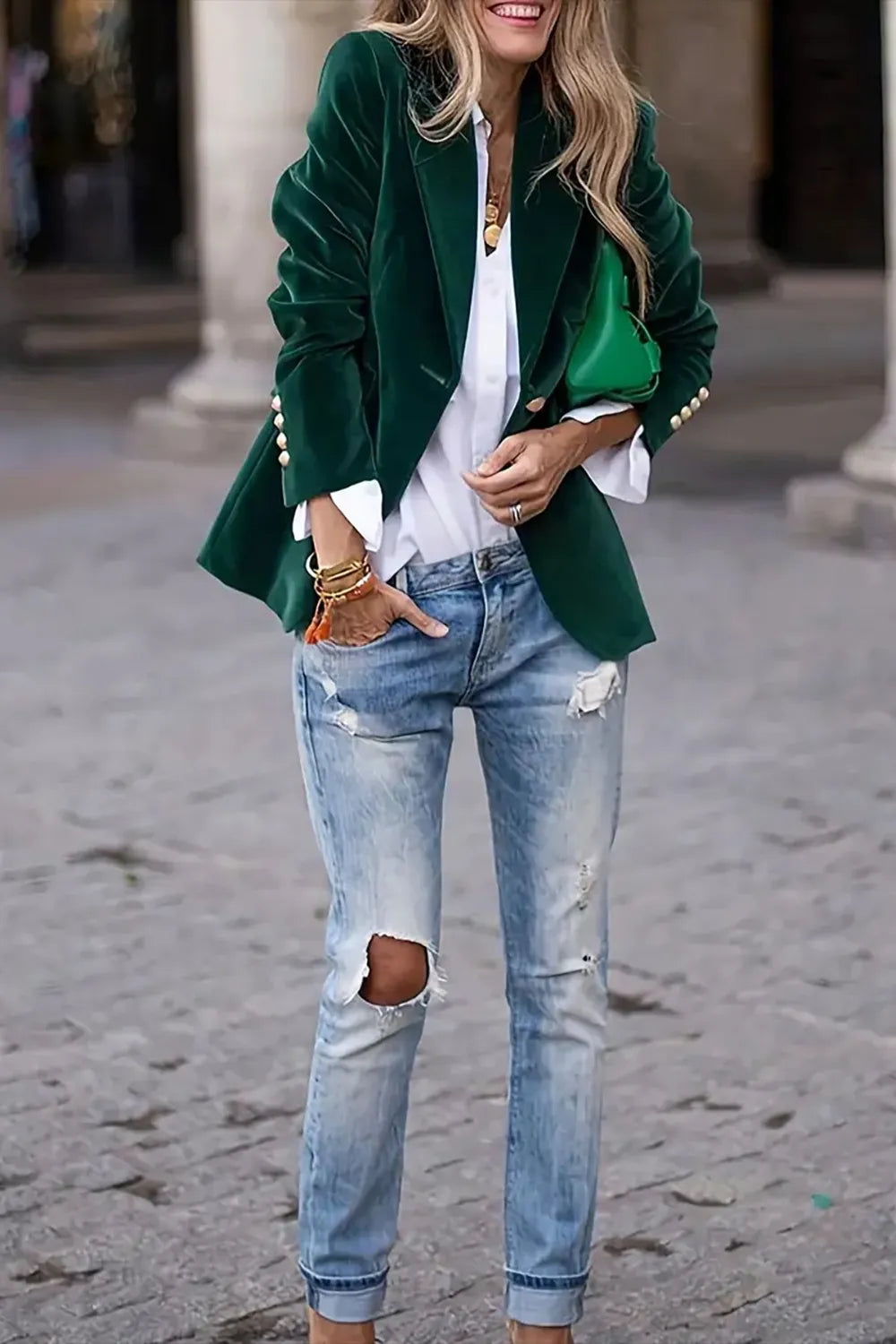 One-Button Lapel Collar Long Sleeve Blazer for Women