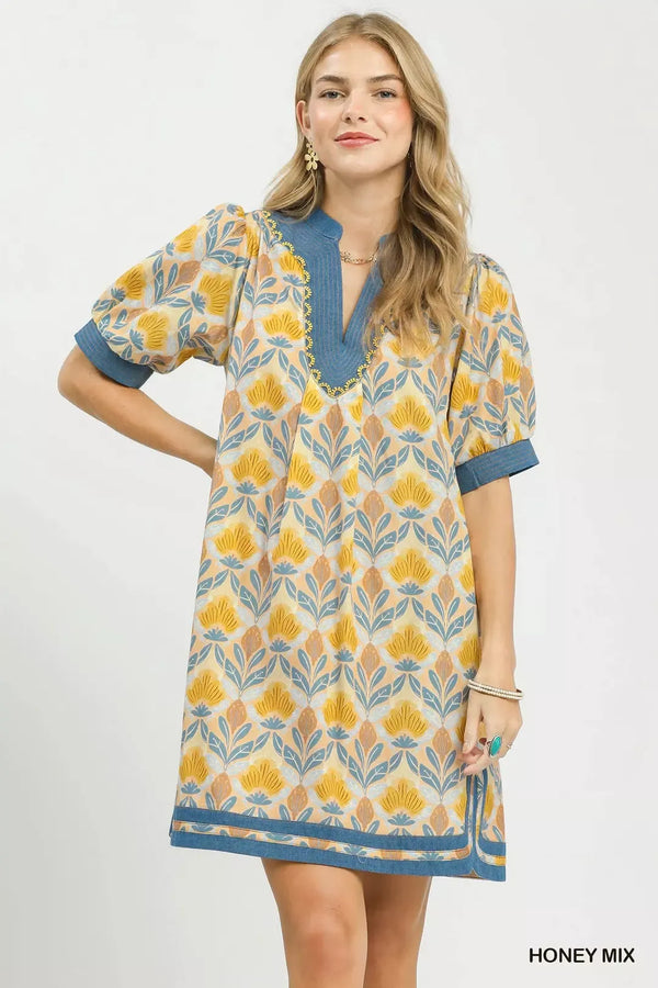 Umgee Mix Tile Print Mini Dress in Honey Mix