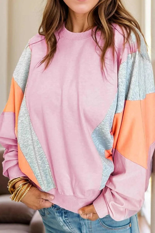 Sweatshirt - Color Block Long Sleeve - Casual Pullover Top