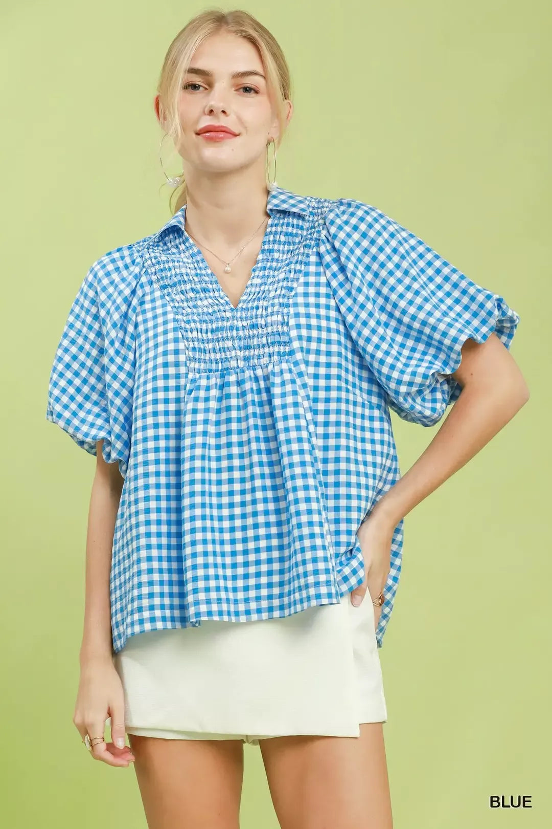 Umgee Smocked Yoke Puff Sleeve Gingham Blouse in Blue
