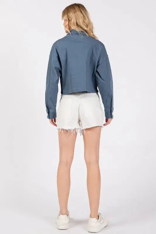 Denim Cropped Jacket - Button Down with Pockets - Casual Trendy