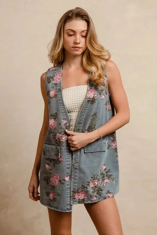 Denim Vest - Floral Print - Women's Chic Casual