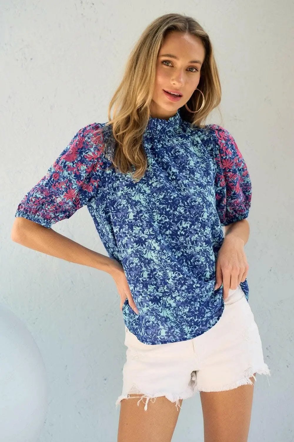 Women's Blouse - Embroidered Puff Sleeve - Casual