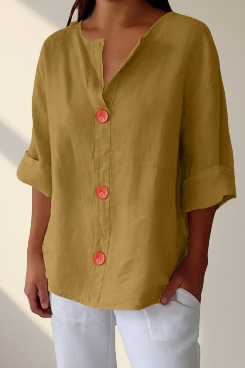 Women's V-Neck Cotton Linen Buttoned Blouse