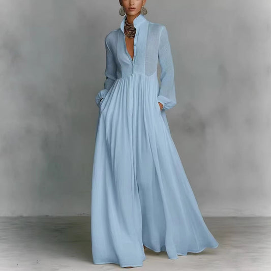 Women's French Style Long Sleeve Pleated A-Line Maxi Dress