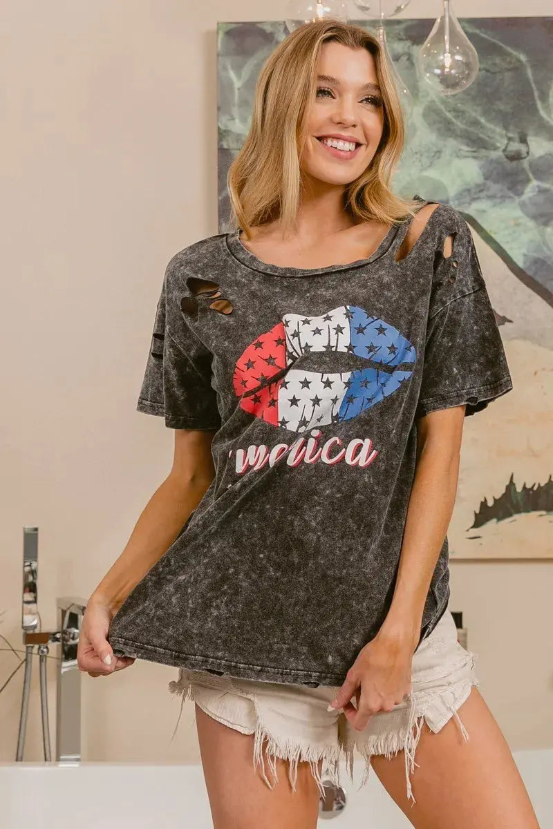 Women's Tee - Laser Cut Patriotic Lip Print - Mineral Wash Graphic