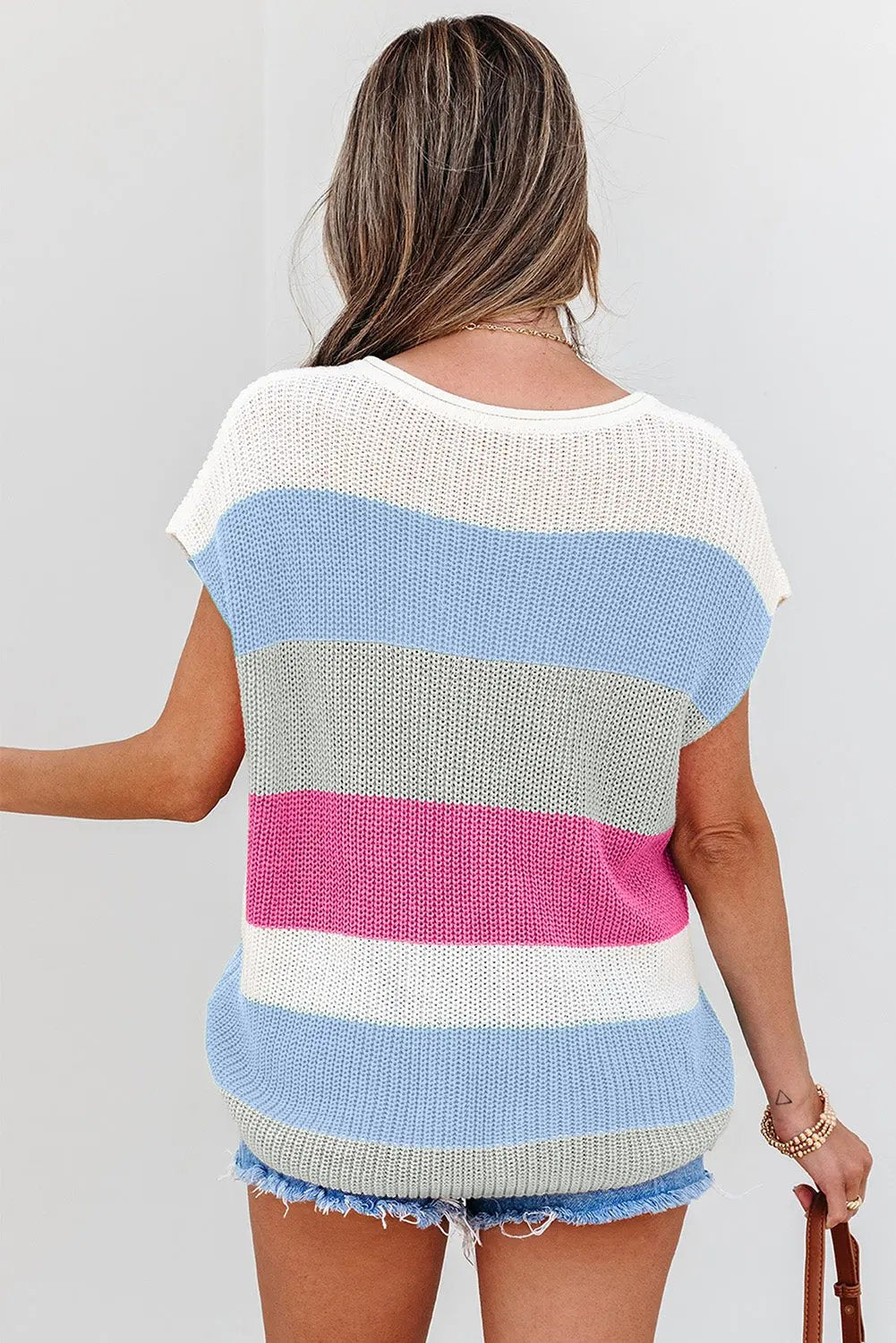 Love Salve Light Blue Color Block Women's Knit Tee: Daily Casual, V-Neck, Summer
