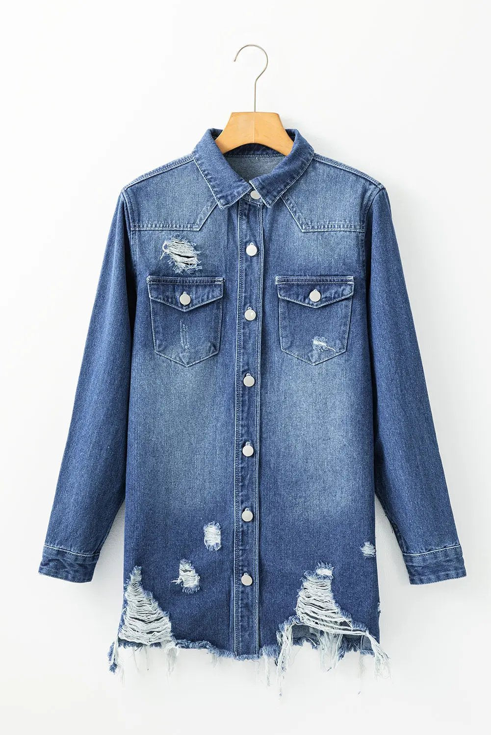 Women's Denim Jacket - Distressed Long - Sky Blue Casual