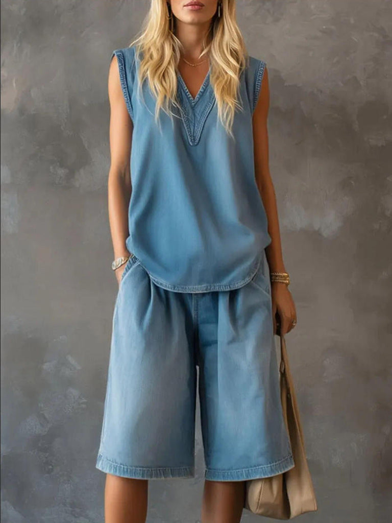 Women's V-Neck Sleeveless Loose Top & Wide-Leg Shorts Set