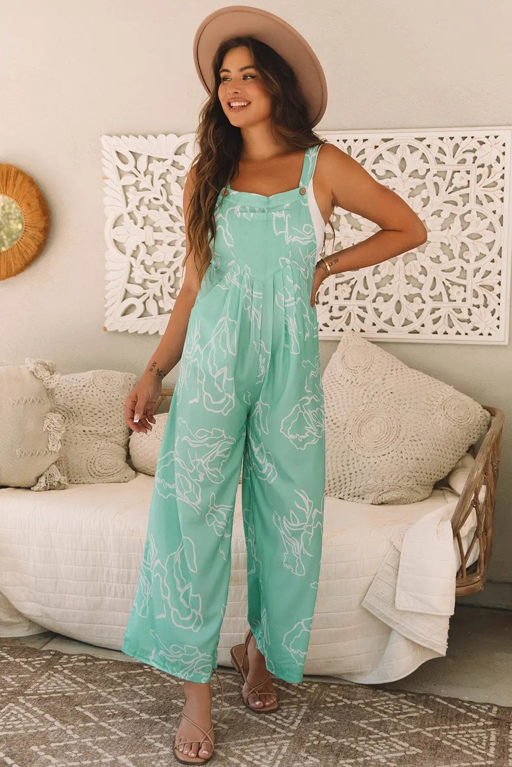 Overalls Jumpsuit - Green Printed Wide Leg - Casual Style
