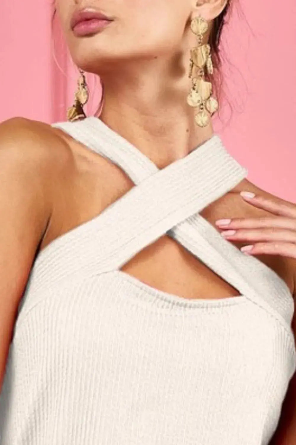 Tank Top - Lace Knit Cut Out - Cross Neck